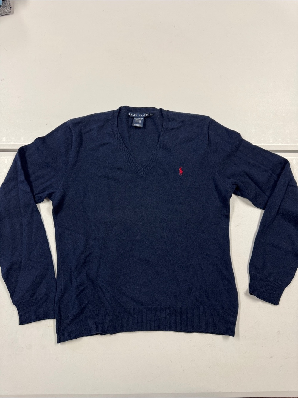 Ralph Lauren Navy V-Neck Sweater with Red Pony Logo